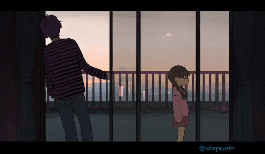 1boy 1girl balcony braid brown_hair crossover denim evening facing_ahead facing_away feet_out_of_frame from_side glass_door hair_over_shoulder highres indoors jack-o'_ran-tan jeans letterboxed long_hair long_sleeves low_twin_braids madotsuki napoli_no_otokotachi open_door pants pink_sweater pleated_skirt profile purple_hair purple_sweater railing red_skirt short_hair skirt sliding_doors standing striped striped_sweater sweater twin_braids twitter_username yabe_(chapeyabu) yume_nikki
