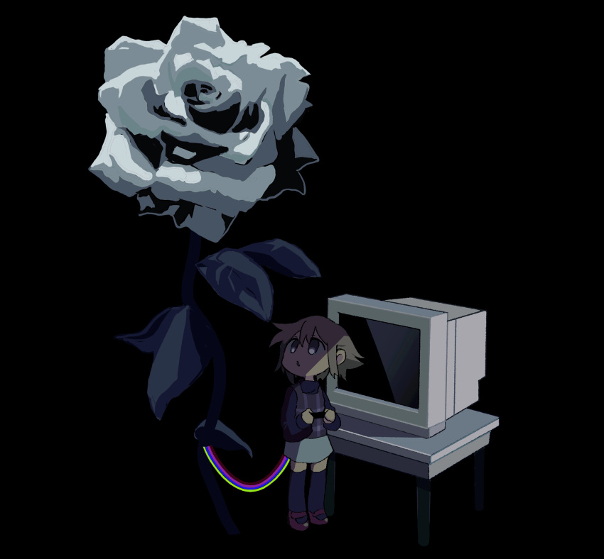 1girl black_background black_sweater black_thighhighs brown_hair chestnut_mouth chibi commentary_request computer crt desk flower gameplay_mechanics grey_skirt highres holding hrdrifter long_sleeves looking_at_flowers looking_back looking_up mary_janes open_mouth plaid plaid_vest purple_vest red_footwear rose shadow shoes short_hair simple_background skirt solo standing sweater thigh-highs urotsuki vest violet_eyes white_flower white_rose wire yume_2kki zettai_ryouiki
