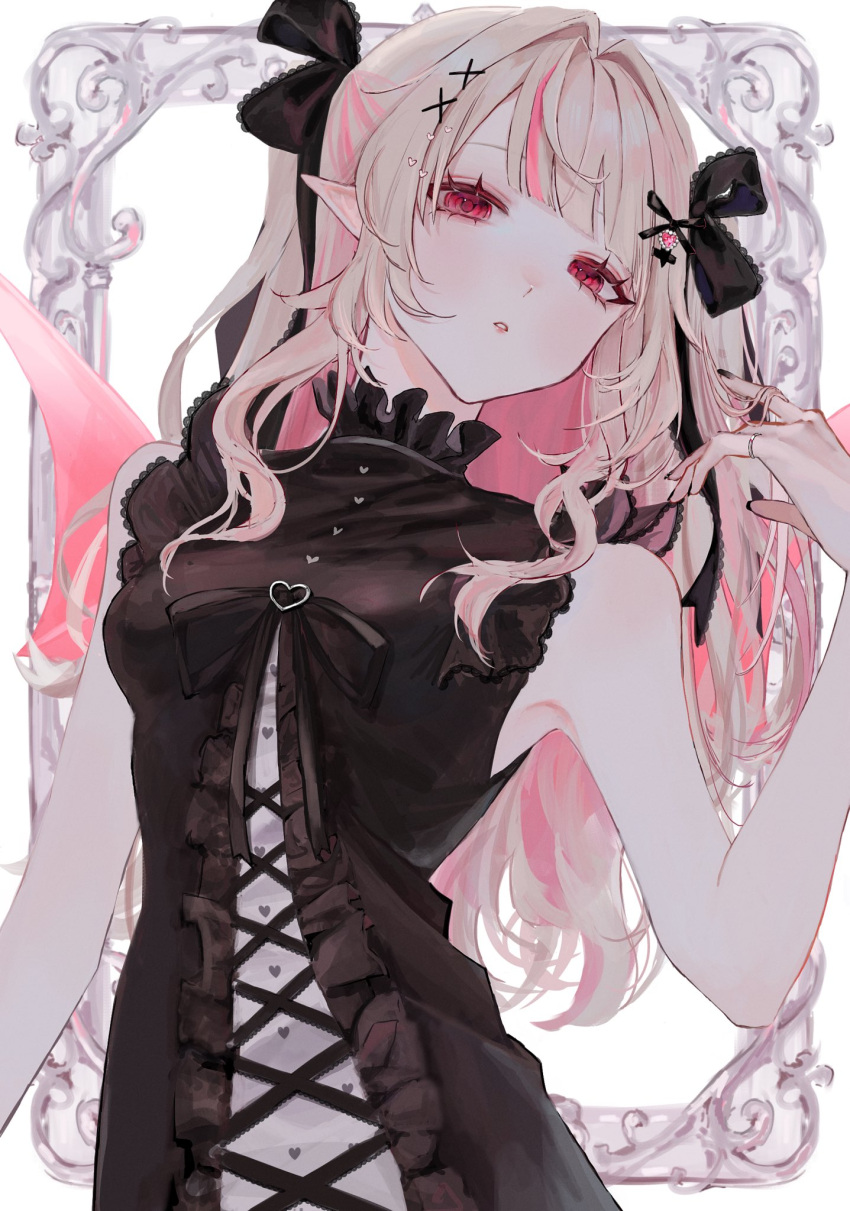 1girl bare_shoulders black_dress black_nails black_ribbon breasts cross-laced_clothes cross-laced_dress dress expressionless fingernails grey_hair hair_ornament hair_ribbon highres jewelry long_fingernails long_hair looking_at_viewer makaino_ririmu multicolored_hair nijisanji parted_lips pink_hair pointy_ears red_eyes ribbon ring ros_eh sleeveless sleeveless_dress small_breasts solo streaked_hair two-tone_hair upper_body virtual_youtuber x_hair_ornament