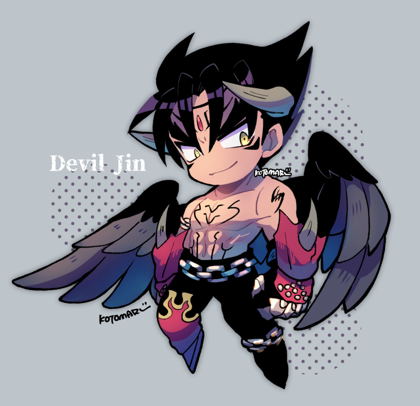 1boy black_hair black_pants chain chest_tattoo chibi closed_mouth devil_jin feathered_wings flame_print full_body gloves grey_horns horns kazama_jin kotorai male_focus no_nose pants pectorals red_gloves shoulder_tattoo smile solo studded_gloves tattoo tekken wings