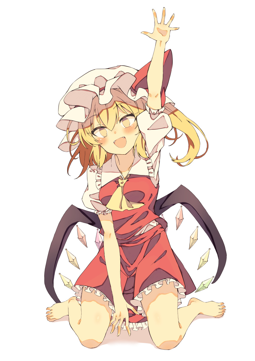 1girl :d absurdres arm_up ascot barefoot between_legs blonde_hair blush bow commentary_request crystal fangs feet flandre_scarlet frilled_shirt_collar frilled_skirt frills full_body hair_between_eyes hand_between_legs happy hat hat_bow highres looking_at_viewer medium_hair mob_cap open_mouth partial_commentary puffy_short_sleeves puffy_sleeves red_bow red_skirt red_vest seika_okawari shirt short_sleeves side_ponytail sidelocks simple_background sitting skirt smile solo straight-on toes touhou tsurime vest wariza white_background white_headwear white_shirt wings yellow_ascot yellow_eyes