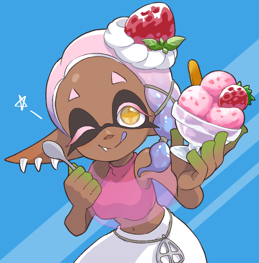1girl ;) asymmetrical_hair bare_shoulders blue_background breasts closed_mouth colored_eyelashes colored_skin colored_tongue crop_top cross-shaped_pupils dark-skinned_female dark_skin earrings fang fang_out food forehead fruit fruit_hair_ornament frye_(splatoon) gradient_hair green_skin harem_pants holding holding_spoon ice_cream jewelry looking_at_viewer medium_breasts medium_hair multicolored_hair multicolored_skin multiple_earrings navel one_eye_closed pants pink_hair pink_shirt pointy_ears purple_hair purple_tongue see-through shawl shirt short_eyebrows sleeveless sleeveless_shirt smile solo splatoon_(series) splatoon_3 split_mouth spoon star_(symbol) strawberry symbol-shaped_pupils tentacle_hair teo_(teorekka) tongue tongue_out tooth_earrings two-tone_hair two-tone_skin white_pants yellow_eyes yellow_pupils
