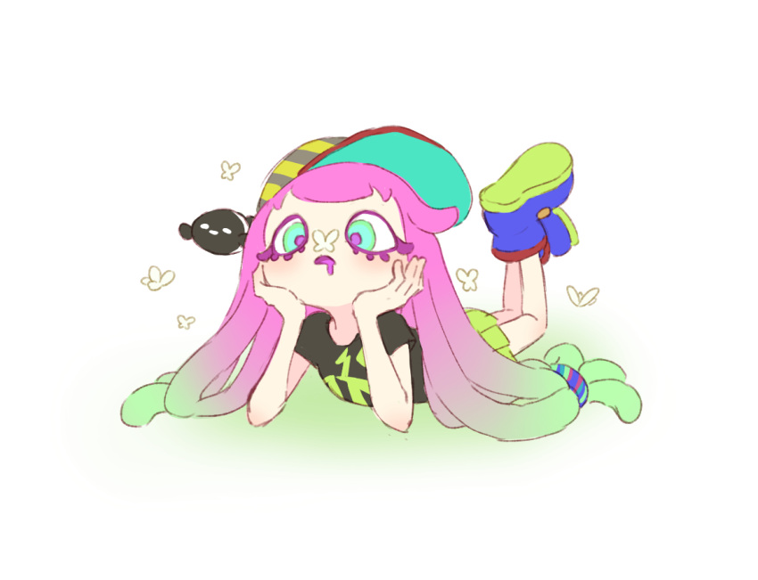 1girl aqua_hair baseball_cap black_shirt blue_eyes bug butterfly butterfly_on_nose clownfish colored_eyelashes d: drooling eyelashes fish frown full_body gradient_hair green_eyes green_skirt harmony's_clownfish_(splatoon) harmony_(splatoon) hat legs_up long_hair lying miniskirt multicolored_clothes multicolored_eyes multicolored_footwear multicolored_hair multicolored_headwear on_stomach open_mouth pink_hair pleated_skirt purple_pupils shirt shoes short_sleeves sideways_hat skirt solo splatoon_(series) striped striped_headwear t-shirt tentacle_hair teo_(teorekka) two-tone_hair very_long_hair white_butterfly