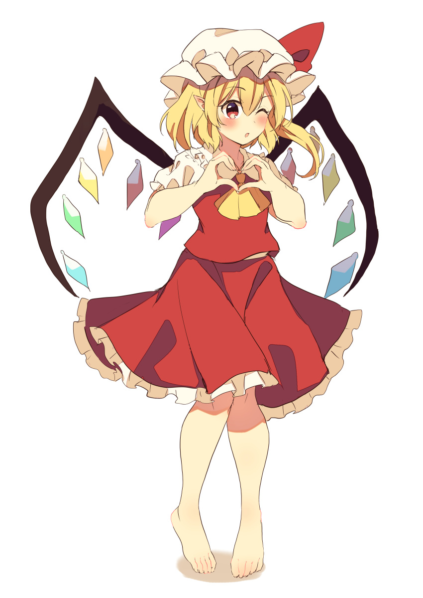 1girl ;o absurdres ascot barefoot blonde_hair blush commentary_request crystal feet flandre_scarlet full_body hat hat_ribbon heart heart_hands highres knees_together_feet_apart looking_at_viewer mob_cap multicolored_wings one_eye_closed open_mouth pointy_ears puffy_short_sleeves puffy_sleeves red_eyes red_skirt ribbon seika_okawari shadow short_hair short_sleeves side_ponytail simple_background skirt skirt_set solo toes touhou white_background white_headwear wings yellow_ascot