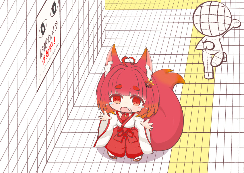 1girl 1other @_@ ad ahoge animal_ear_fluff animal_ears blunt_bangs crying crying_with_eyes_open fang fox_ears fox_girl fox_tail full_body gradient_hair hair_ornament hakama hakama_pants hallway highres japanese_clothes kimono mokezi multicolored_hair open_mouth original pants poster_(object) red_eyes red_hakama redhead shadow short_hair sidelocks sign standing tactile_paving tail tears the_exit_8 thick_eyebrows tile_floor tile_wall tiles translation_request white_kimono wide_sleeves zouri