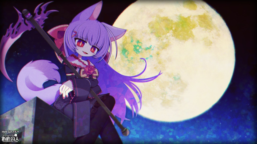 1girl animal_ears artist_name bow bright_pupils cat_ears cat_girl cat_tail colored_skin commission crossed_legs flower full_moon hair_bow highres long_sleeves mogeko_(okegom) moon nail_polish night night_sky open_mouth original pink_eyes pink_nails purple_hair red_flower red_rose rose scythe sitting skeb_commission sky smug solo tail white_pupils white_skin
