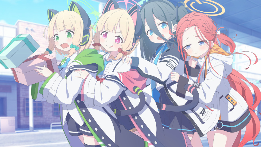 4girls absurdly_long_hair absurdres animal_ear_headphones animal_ears aris_(blue_archive) black_hair black_skirt blonde_hair blue_archive blue_eyes blue_halo blue_necktie blush bow box cat_tail closed_mouth collared_shirt fake_animal_ears game_development_department_(blue_archive) gift gift_box green_bow green_eyes green_halo hair_bow halo headphones highres holding holding_gift jacket long_hair midori_(blue_archive) momoi_(blue_archive) multiple_girls necktie one_side_up open_mouth pink_halo pleated_skirt red_bow red_eyes redhead seek_arrow shirt short_hair siblings sisters skirt smile tail twins two-sided_fabric two-sided_jacket very_long_hair violet_eyes white_jacket white_shirt yellow_halo yuzu_(blue_archive)