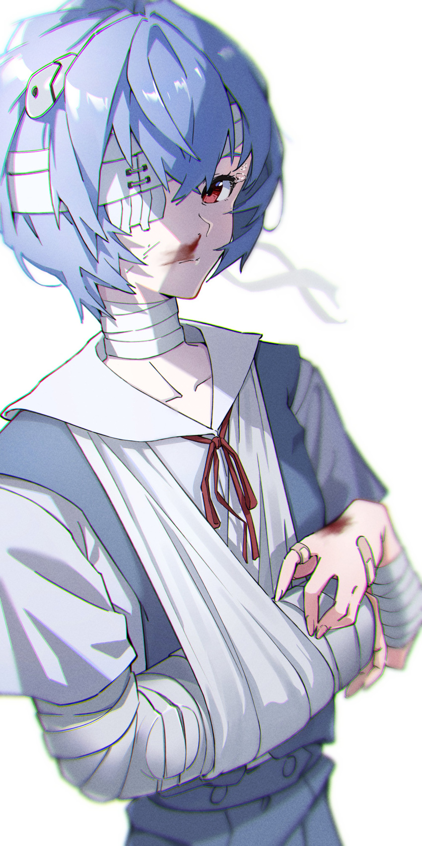 097_rin absurdres ayanami_rei bandage_over_one_eye bandaged_arm bandages blood blue_hair closed_mouth highres interface_headset neon_genesis_evangelion red_eyes red_ribbon ribbon school_uniform short_hair simple_background tokyo-3_middle_school_uniform white_background