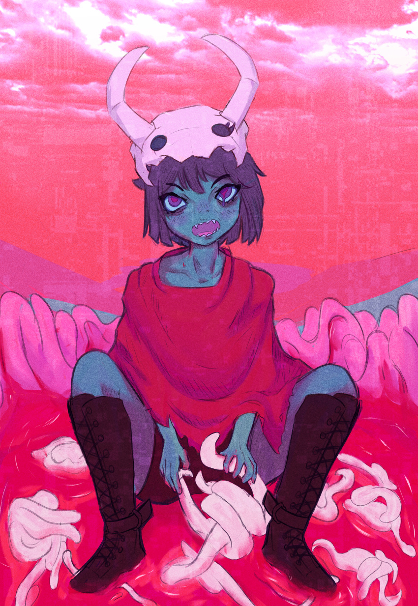 1girl absurdres black_footwear black_shorts blood blue_hair blue_skin boots colored_skin fake_horns fangs full_body highres horned_headwear horns hylics jellyfrog2812 open_mouth pink_clouds poncho red_sky sharp_teeth shorts skull_on_head sky solo somsnosa teeth violet_eyes