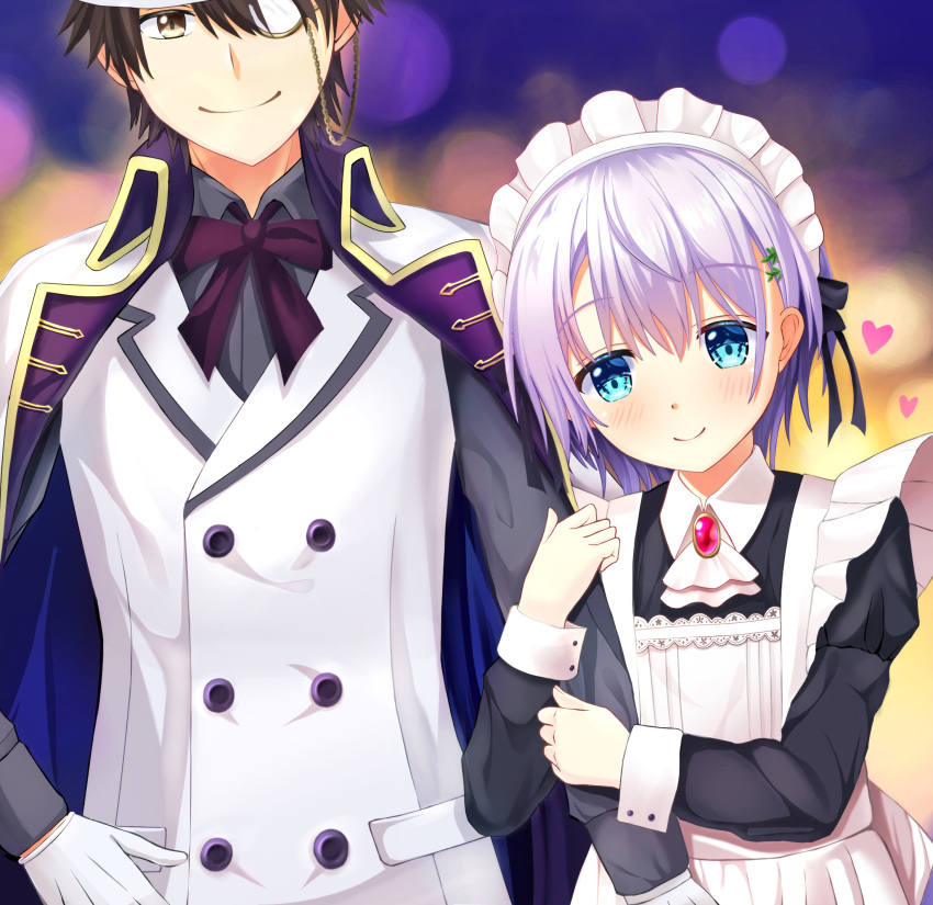 1boy 1girl ambitious_mission apron arm_hug ascot black_bow black_shirt blue_eyes blue_hair blurry blurry_background blush bow brown_eyes brown_hair cape closed_mouth commentary_request couple gem gloves hair_bow heart hetero highres kobayashi_tsubame light_blue_hair long_sleeves maid maid_apron monocle nezu_mikage phantom_thief red_gemstone shirt short_hair side-by-side smile standing suit upper_body white_apron white_ascot white_cape white_gloves white_suit xiexianglg