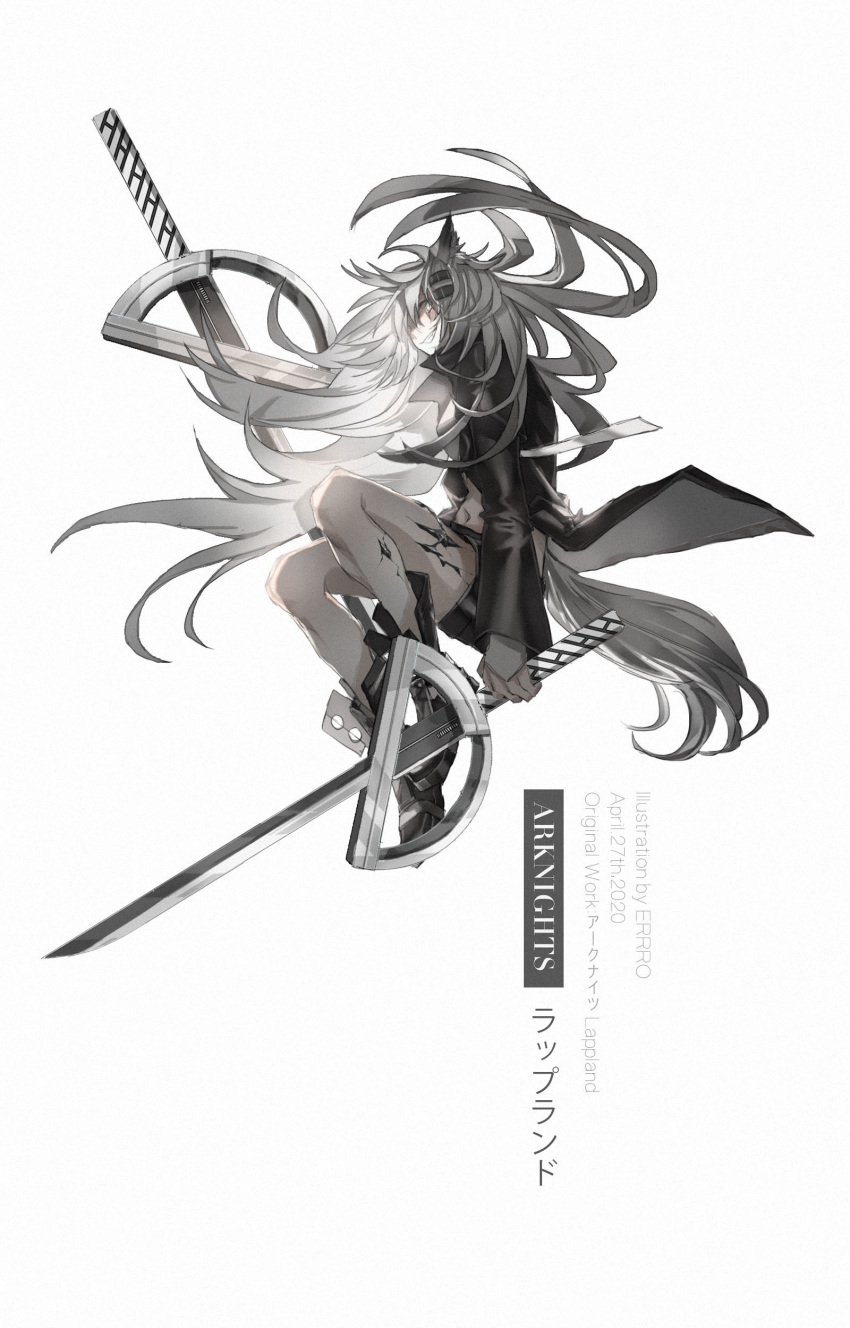 1girl absurdres animal_ears arknights artist_name black_coat black_footwear boots coat copyright_name dated dual_wielding errro_(mrdz7852) floating full_body grey_eyes grey_hair grin hair_ornament hairclip highres holding holding_sword holding_weapon lappland_(arknights) long_hair long_sleeves looking_at_viewer oripathy_lesion_(arknights) simple_background smile solo sword tail weapon white_background