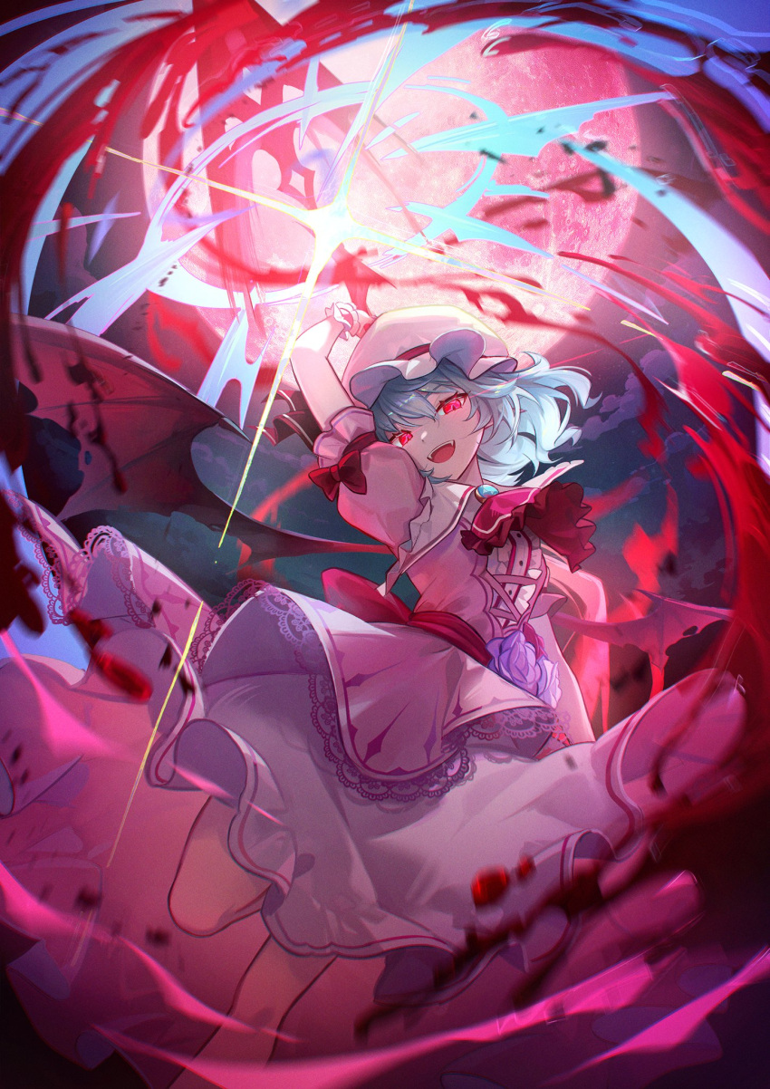 1girl ascot bat_wings blue_hair brooch commentary_request embodiment_of_scarlet_devil hat highres jewelry kyusoukyu looking_at_viewer mob_cap open_mouth pink_headwear pink_shirt pink_skirt puffy_short_sleeves puffy_sleeves red_ascot red_eyes remilia_scarlet shirt short_sleeves skirt solo touhou wings