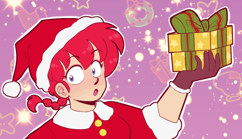 1girl ask-ranma-and-ryoga blue_eyes bow braid braided_ponytail breasts christmas gloves green_bow hair_between_eyes hat highres makeup open_mouth pink_background ranma-chan ranma_1/2 redhead santa_hat solo upper_body