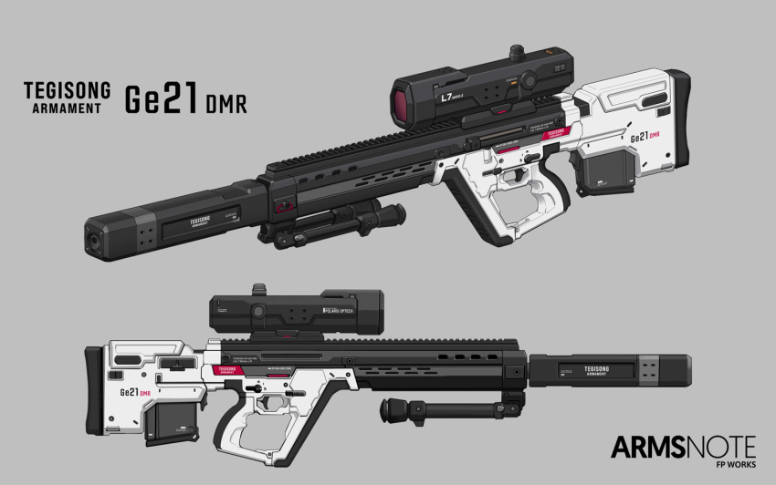 arms_note artist_name bipod bullpup commentary commentary_request copyright_name english_text from_side fukai_ryosuke grey_background gun magazine_(weapon) multiple_views no_humans reference_sheet rifle scope simple_background sniper_rifle submachine_gun suppressor weapon weapon_focus