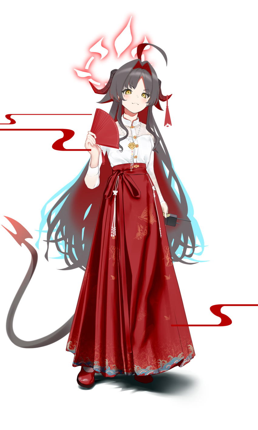 1girl :3 absurdres alternate_costume blue_archive brown_hair chinese_clothes closed_mouth colored_inner_hair demon_horns demon_tail egasumi folding_fan full_body hair_intakes halo hand_fan hanfu highres holding holding_fan horns kasumi_(blue_archive) long_hair multicolored_hair oneline red_footwear red_halo red_skirt redhead shirt shoes sidelocks skirt smile solo tail very_long_hair white_shirt