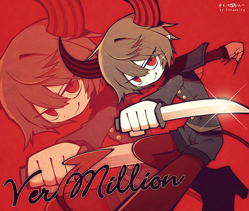 1girl boots brown_hair brown_sailor_collar buttons character_name commission commissioner_name demon_girl demon_horns demon_tail fingernails funamusea funamusea_(artist) holding holding_knife holding_weapon horns knife looking_at_viewer non-web_source official_art oounabara_to_wadanohara pointy_ears red_background red_eyes red_nails sailor_collar sharp_fingernails shorts skeb_commission smile solo tail tomboy ver_million_(wadanohara) weapon zoom_layer