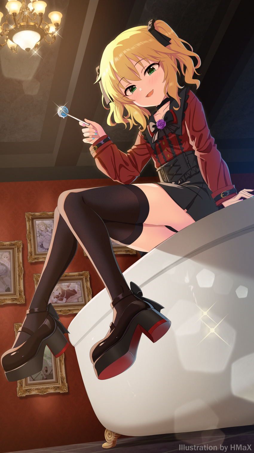 1girl :d absurdres artist_name bathtub black_footwear black_headwear black_panties black_pantyhose black_skirt black_thighhighs blonde_hair blue_nails blush bow candy chandelier flower food frills glint green_eyes highres hmax holding holding_candy holding_food holding_lollipop idolmaster idolmaster_cinderella_girls idolmaster_cinderella_girls_starlight_stage indoors jirai_kei lollipop long_sleeves looking_at_viewer open_mouth panties pantyhose petite picture_frame purple_flower purple_nails red_shirt sakurai_momoka shirt short_hair sitting skirt smile solo thigh-highs underwear wavy_hair zettai_ryouiki