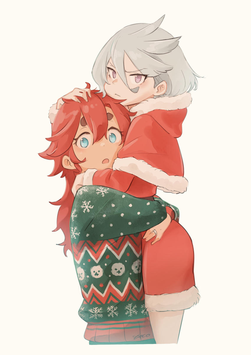 2girls absurdres annoyed blue_eyes capelet christmas christmas_sweater closed_mouth cool_(gundam_suisei_no_majo) dress fur_trim grey_hair gundam gundam_suisei_no_majo hair_between_eyes hair_down hand_on_another's_head highres holding hots_(gundam_suisei_no_majo) hug jewelry long_sleeves miorine_rembran multiple_girls official_alternate_hair_length official_alternate_hairstyle open_mouth pink_eyes red_dress redhead ring short_dress short_hair signature simple_background suletta_mercury violet_eyes yaco_(085) yuri
