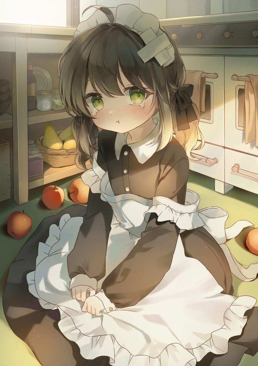 1girl absurdres ahoge apple apron black_hair blush breasts crying food fruit hair_ornament highres jar kitchen looking_at_viewer low_twintails maid original short_twintails sitting small_breasts solo spi tears twintails window