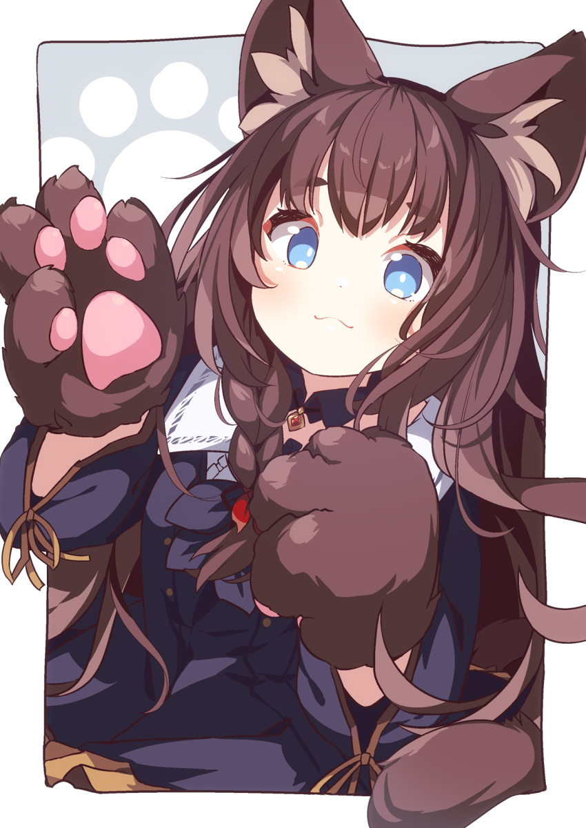 1girl animal_ear_fluff animal_ears animal_hands black_jacket black_skirt blue_eyes blush braid brown_gloves brown_hair center_frills closed_mouth collared_shirt commission copyright_request daidai_ookami frills gloves highres jacket long_hair long_sleeves looking_at_viewer open_clothes open_jacket paw_gloves revision shirt single_braid skeb_commission skirt smile solo thick_eyebrows very_long_hair white_shirt