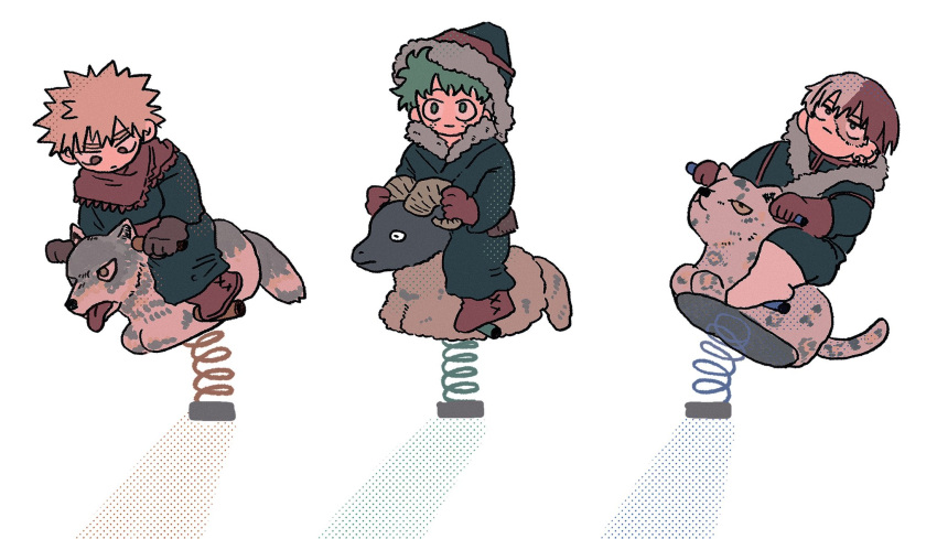 3boys 7th_popularity_poll_(boku_no_hero_academia) bakugou_katsuki black_coat blonde_hair boku_no_hero_academia boots brown_gloves closed_mouth coat commentary_request freckles fur-trimmed_coat fur-trimmed_headwear fur_trim gloves green_eyes green_hair hat highres long_inochi male_focus midoriya_izuku multicolored_hair multiple_boys official_alternate_costume red_footwear red_gloves red_scarf redhead scarf short_hair simple_background spiky_hair split-color_hair spring_rider todoroki_shouto white_background
