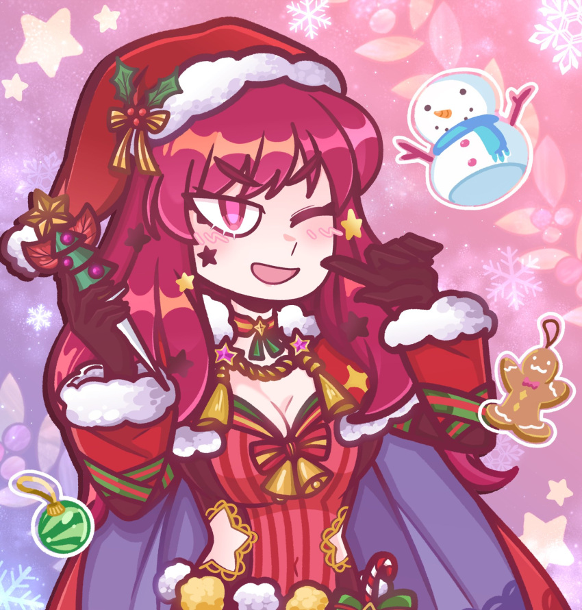 1girl blue_cape bodysuit cape christmas d_vaaaah facial_mark fire_emblem fire_emblem_engage fire_emblem_heroes gingerbread_man hair_ornament hat highres ice_pick long_hair looking_at_viewer multicolored_cape multicolored_clothes official_alternate_costume one_eye_closed red_bodysuit red_cape red_eyes redhead santa_hat snowman star_(symbol) star_facial_mark star_hair_ornament star_print two-tone_cape yunaka_(fire_emblem) yunaka_(fire_emblem)_(spirited_envoy)