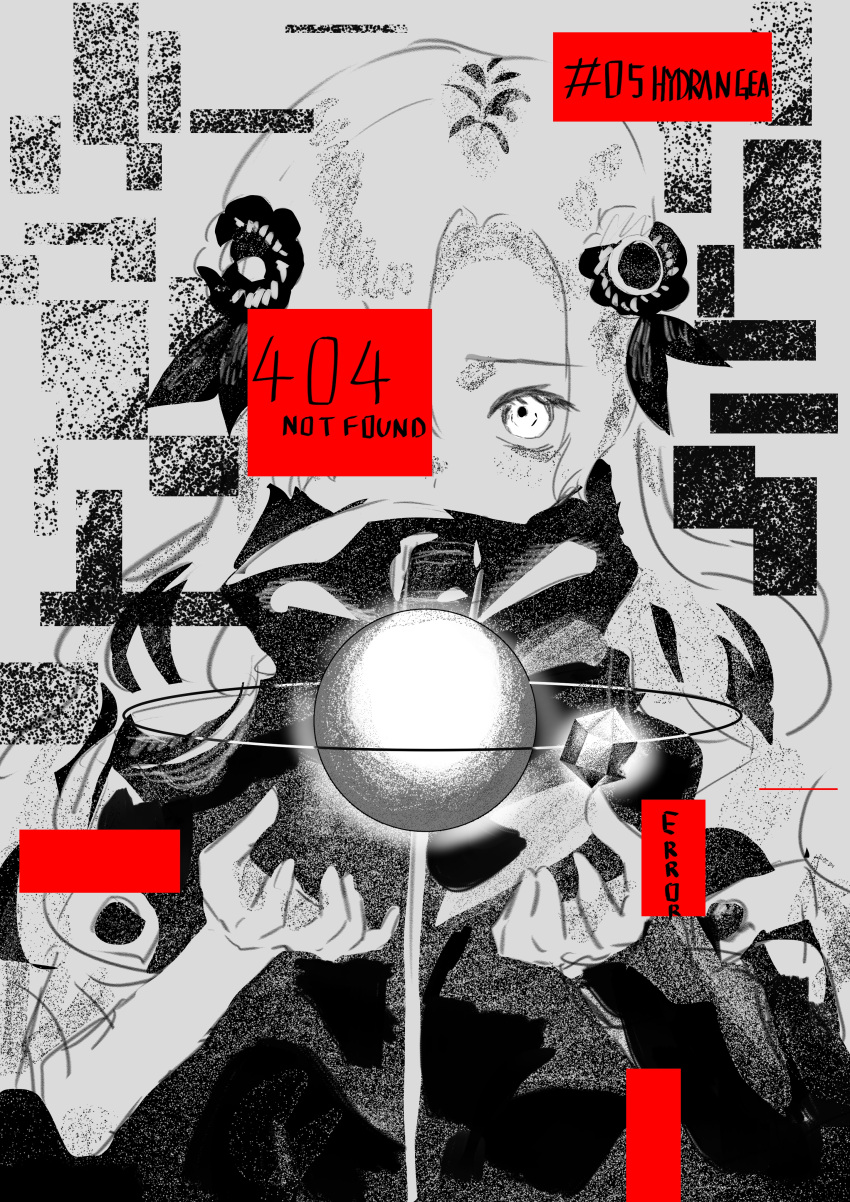 1girl 404 absurdres coat commentary_request flower hair_flower hair_ornament hair_over_one_eye higan_ame high_collar highres http_status_code isekai_joucho kamitsubaki_studio long_hair looking_at_viewer monochrome orb sketch solo spot_color upper_body virtual_youtuber