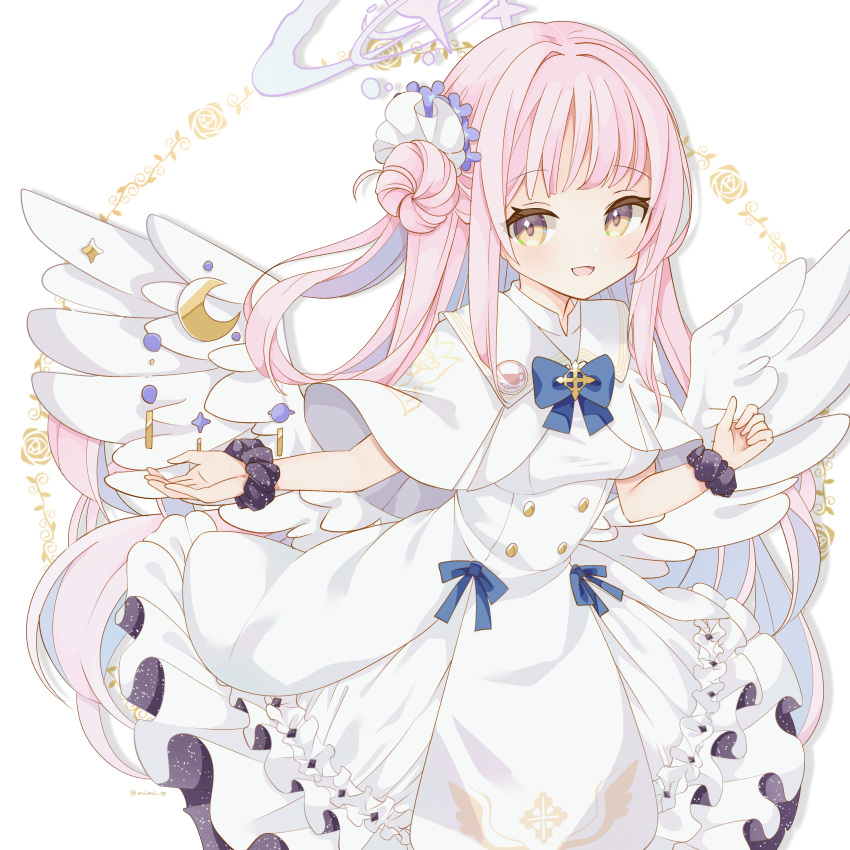 1girl :d absurdres angel_wings blue_archive blush capelet dress flower frilled_dress frills hair_bun hair_flower hair_ornament halo highres long_dress long_hair looking_to_the_side low_wings mika_(blue_archive) open_mouth pink_hair pink_halo saekiya_sabou side_up_bun simple_background single_side_bun sleeveless sleeveless_dress smile solo very_long_hair white_background white_capelet white_dress wings yellow_eyes