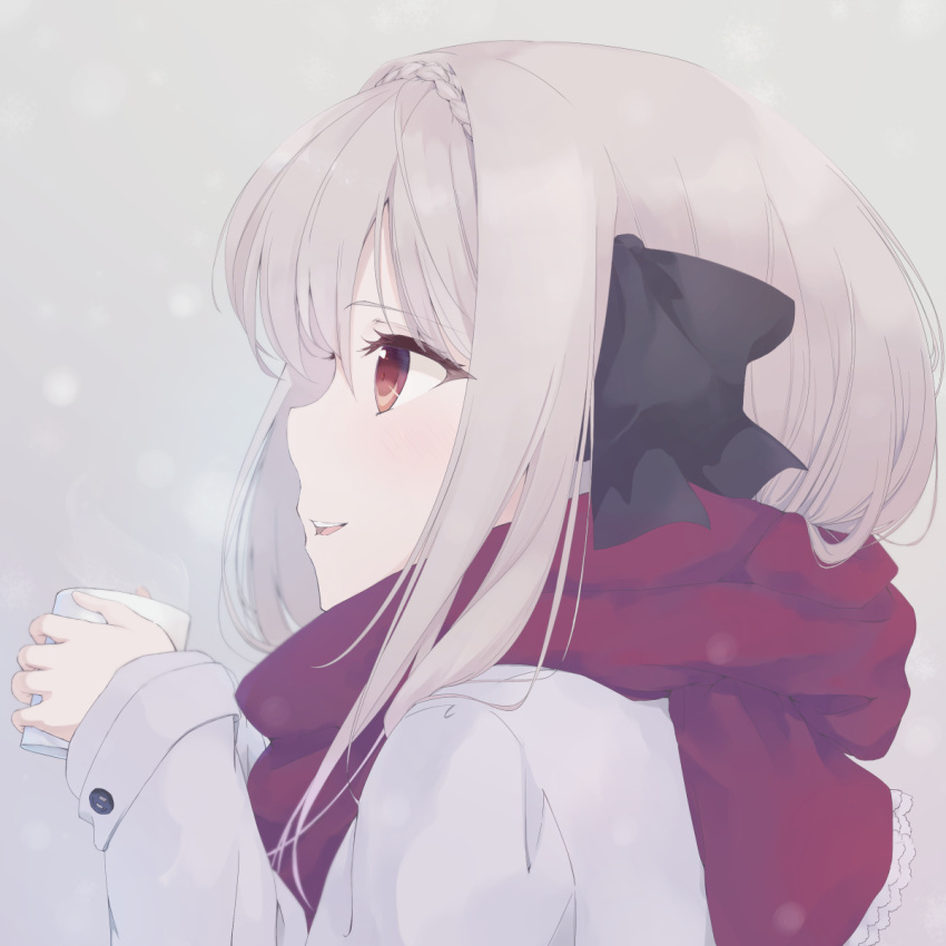 1girl black_bow blush bow braid close-up coat coffee1223 commentary crown_braid cup enpera eyelashes from_side grey_background grey_coat grey_hair grey_theme hair_bow highres holding holding_cup long_hair long_sleeves looking_afar outdoors parted_lips profile red_eyes red_scarf sakurakouji_luna scarf simple_background smile snowing solo teeth tsuki_ni_yorisou_otome_no_sahou upper_teeth_only winter