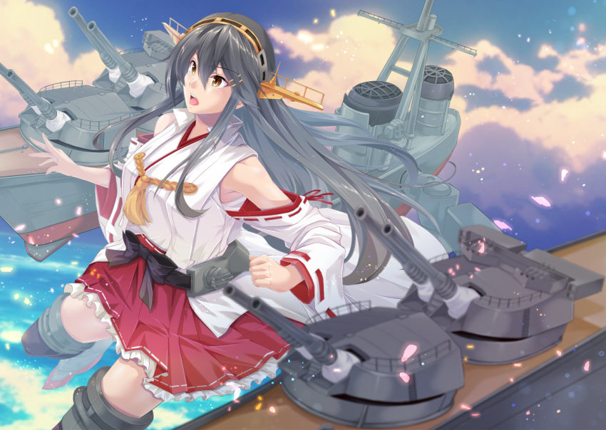 1girl armpits bare_shoulders blue_sky boots breasts brown_eyes cannon clouds detached_sleeves frilled_skirt frills grey_hair hair_between_eyes hair_ornament hairclip hakama hakama_skirt haruna_(kancolle) haruna_kai_ni_(kancolle) headgear japanese_clothes kantai_collection long_hair looking_at_another map_(blue_catty) medium_breasts nontraditional_miko ocean open_mouth outdoors pleated_skirt red_skirt skirt sky solo turret wide_sleeves