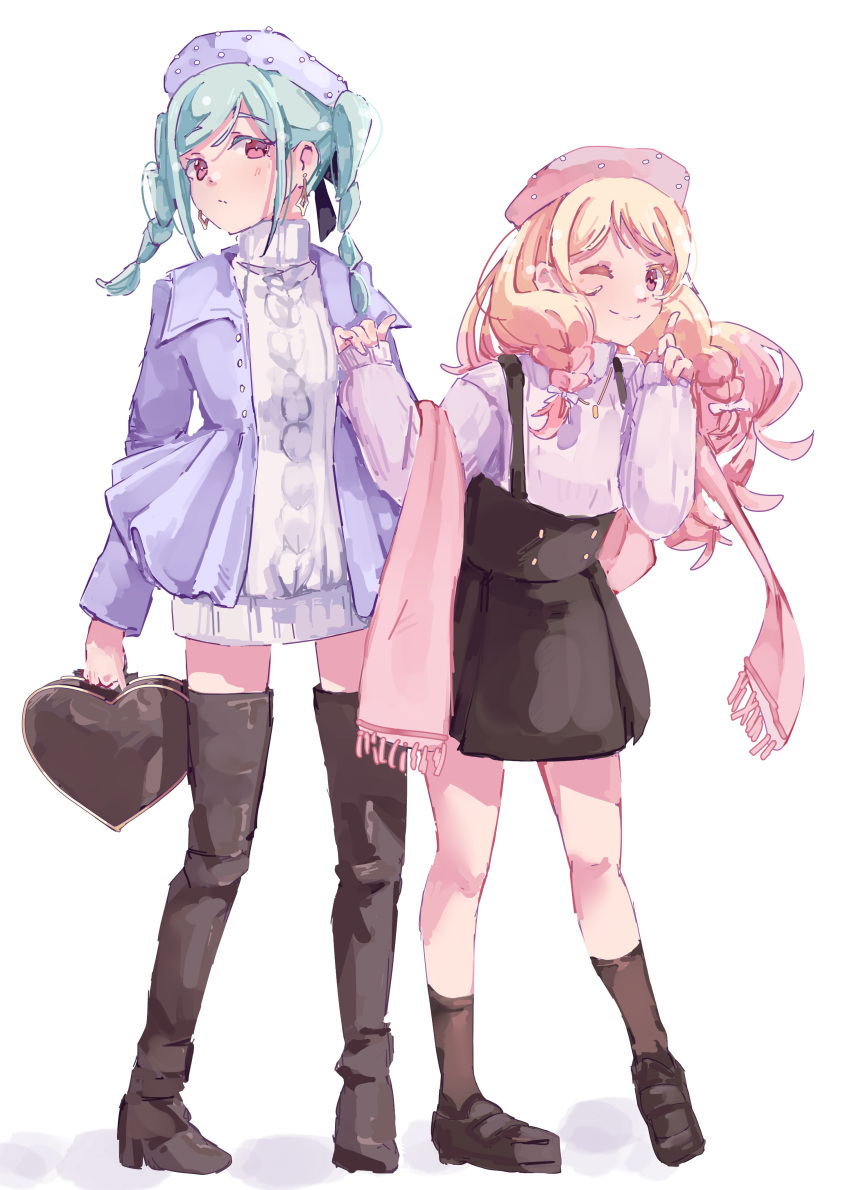2girls absurdres bag beret black_ribbon blonde_hair boots braid brown_socks coat dress earrings fregie gold_earrings gradient_hair green_hair hair_ribbon handbag hat heart-shaped_bag highres jewelry loafers long_hair love_live! love_live!_superstar!! multicolored_hair multiple_girls one_eye_closed onitsuka_natsumi onitsuka_tomari open_clothes open_coat pink_hair red_eyes ribbon shoes siblings side_braids simple_background sisters skirt smile socks suspender_skirt suspenders sweater sweater_dress swept_bangs thigh_boots turtleneck turtleneck_sweater twintails white_background zettai_ryouiki