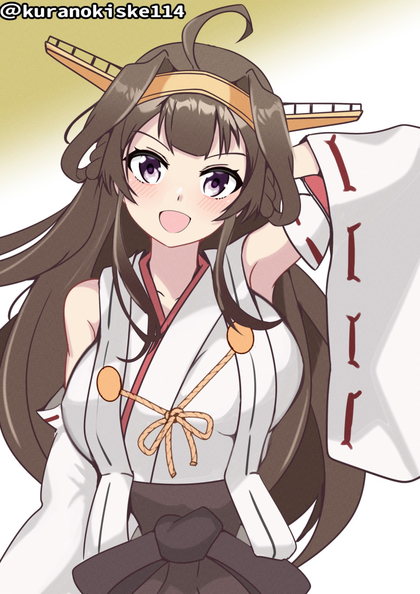 1girl ahoge breasts brown_background brown_hair brown_skirt double_bun gradient_background hair_bun hairband headgear highres kantai_collection kongou_(kancolle) kurano_kisuke large_breasts long_hair looking_at_viewer nontraditional_miko one-hour_drawing_challenge ribbon-trimmed_sleeves ribbon_trim skirt smile solo twitter_username upper_body violet_eyes
