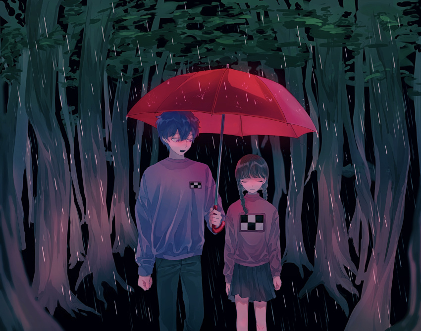 1boy 1girl absurdres black_background black_pants black_skirt blue_hair braid brown_hair closed_eyes closed_mouth commentary_request crossover expressionless facing_viewer feet_out_of_frame forest half-closed_eyes highres holding holding_umbrella jack-o'_ran-tan looking_at_another looking_to_the_side low_twin_braids madotsuki napoli_no_otokotachi nature open_mouth outdoors pants pleated_skirt print_sweater purple_sweater rain shared_umbrella skirt smile standing sweater tree twin_braids umbrella violet_eyes yume_nikki za_(sametapizza_)