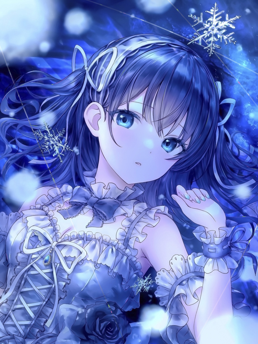 1girl absurdres bare_shoulders black_hair blue_background blue_eyes bow braid breasts catbell dress frilled_dress frills hair_between_eyes hair_bow hair_ribbon hairband highres looking_at_viewer lying manicure medium_breasts nail_polish original ribbon snowflakes twin_braids wristband