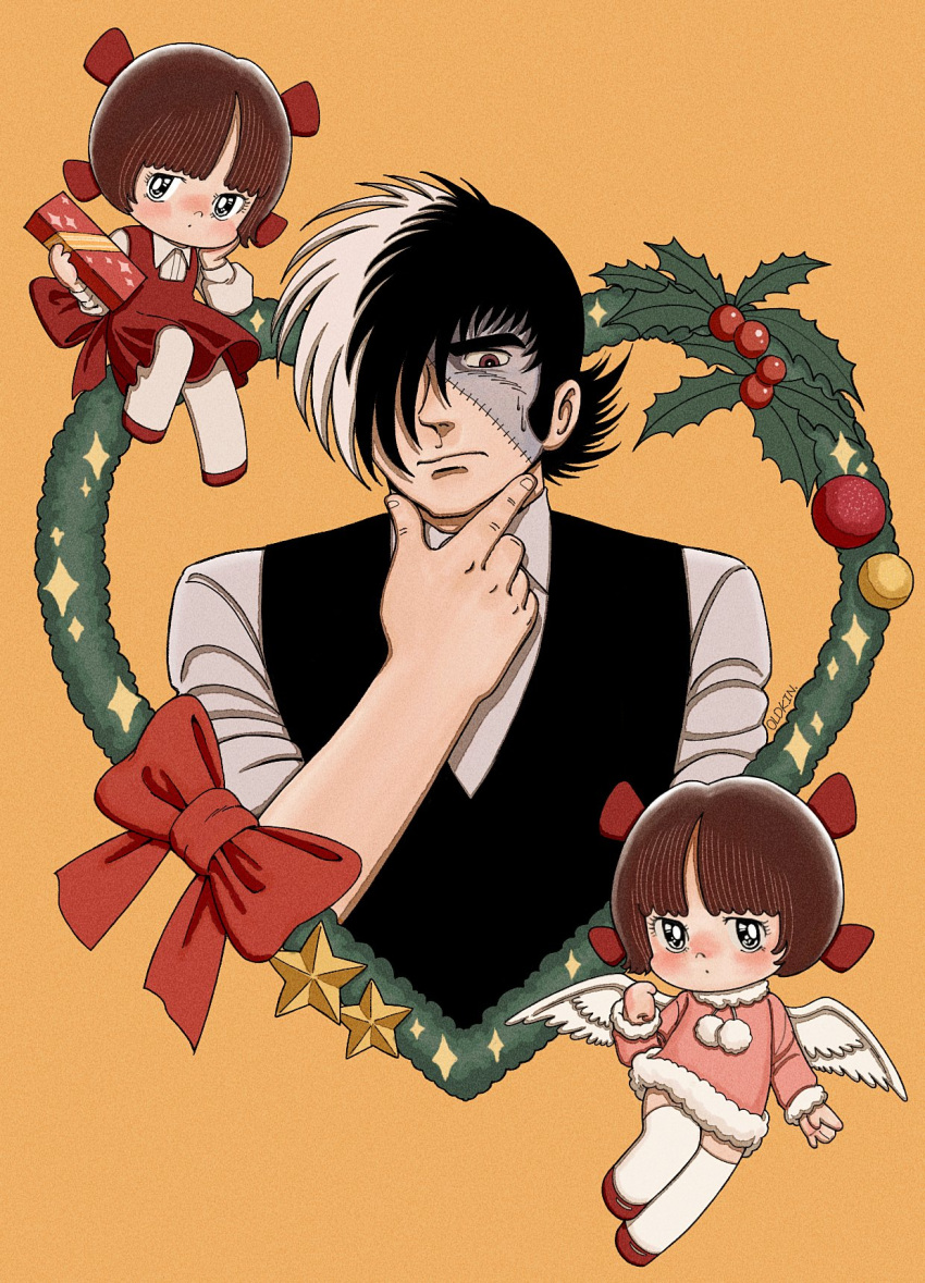 1boy 2girls angel_wings black_hair black_jack_(character) black_jack_(series) black_vest bow brown_eyes brown_hair christmas_ornaments closed_mouth coat dress eyelashes fur-trimmed_coat fur_trim hair_over_one_eye hand_on_own_chin hand_on_own_face highres holly long_sleeves multicolored_hair multiple_girls oldkin pink_coat pinoko pointing pointing_at_self pom_pom_(clothes) red_bow red_dress red_footwear shirt short_hair signature split-color_hair star_ornament stitched_face stitches sweat thigh-highs vest waist_bow white_hair white_shirt white_thighhighs white_wings wings