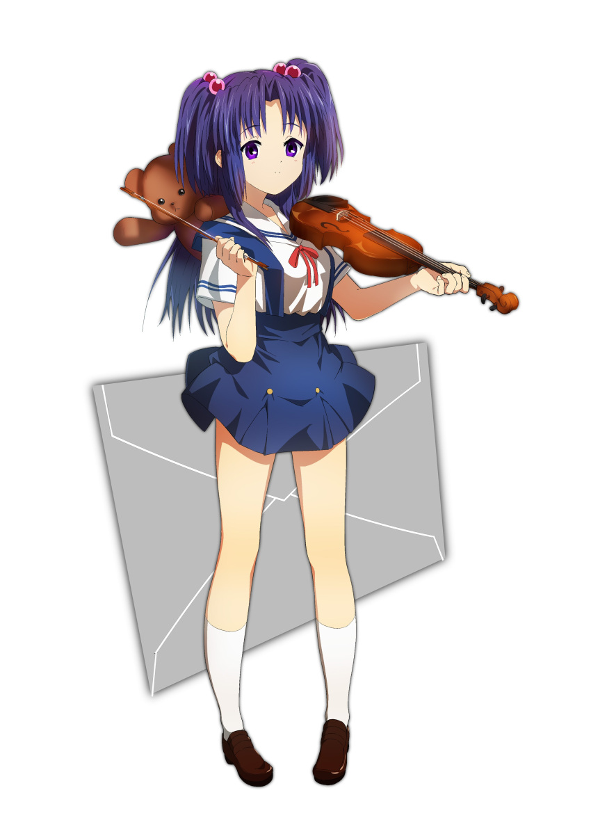 1girl absurdres blue_hair blue_skirt bow_(music) brown_footwear clannad closed_mouth commentary full_body hair_bobbles hair_ornament hands_up high-waist_skirt highres hikarizaka_private_high_school_uniform holding holding_bow_(music) holding_instrument holding_violin ichinose_kotomi instrument kneehighs letter loafers long_hair looking_at_viewer mogege_gk parted_bangs red_ribbon ribbon sailor_collar school_uniform serafuku shirt shoes short_sleeves simple_background skirt smile socks solo standing stuffed_animal stuffed_toy summer_uniform suspender_skirt suspenders teddy_bear two_side_up violet_eyes violin white_background white_sailor_collar white_shirt white_socks