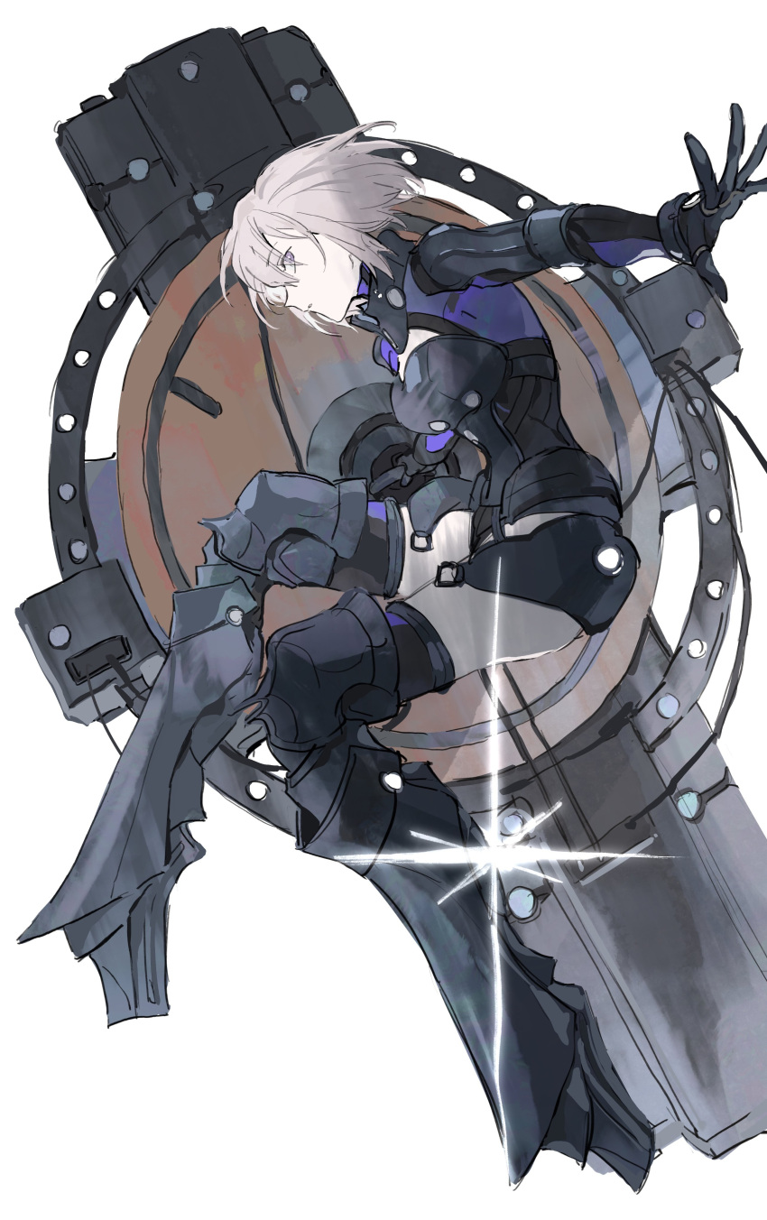 1girl absurdres armor armored_boots armored_leotard black_armor black_gloves boots fate/grand_order fate_(series) full_body gauntlets gloves grey_hair highres holding holding_shield looking_at_viewer mash_kyrielight mash_kyrielight_(ortenaus) mimulishizi profile shield short_hair simple_background solo violet_eyes white_background