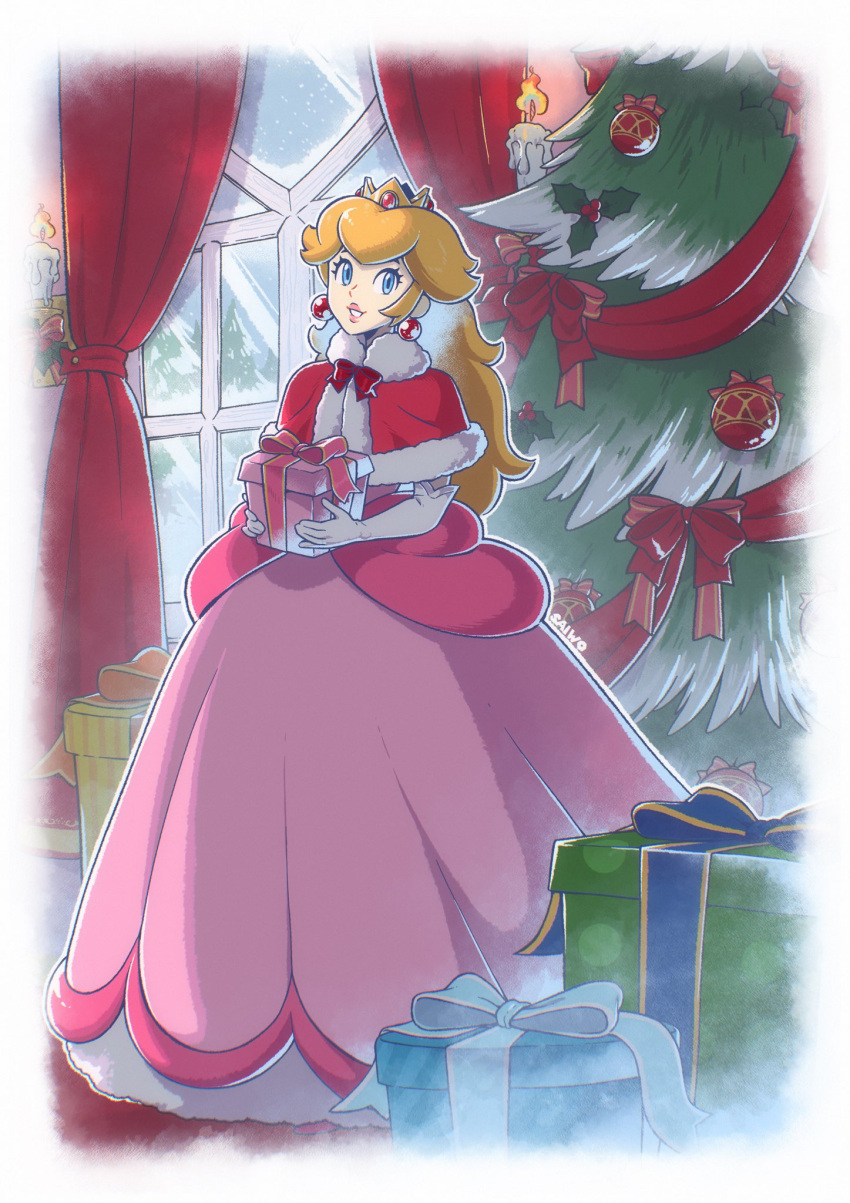 1girl blonde_hair blue_eyes box candle christmas christmas_tree crown dress earrings elbow_gloves fire full_body fur-trimmed_poncho gift gift_box gloves highres holding holding_gift indoors jewelry long_hair looking_at_viewer pink_dress princess_peach red_curtains red_poncho saiwo_(saiwoproject) solo sphere_earrings super_mario_bros. white_gloves