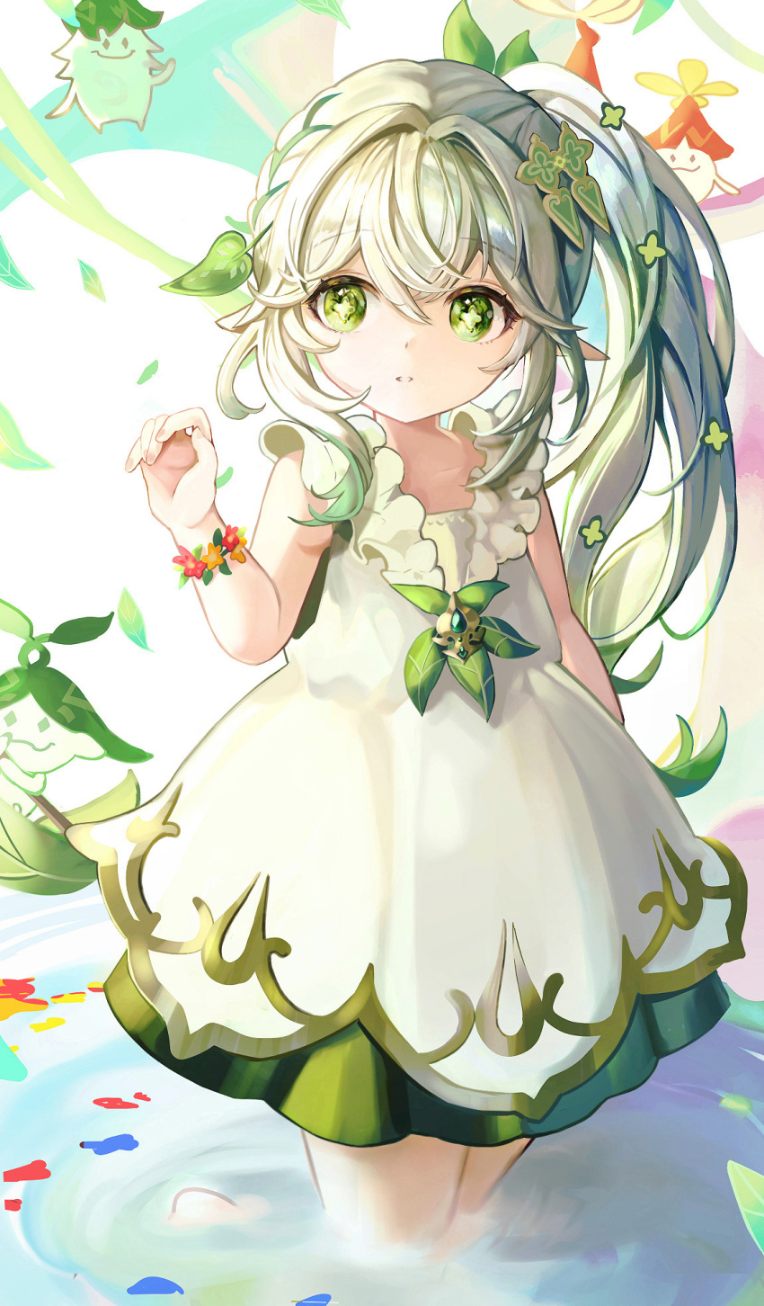 1girl 2others alternate_costume aranara_(genshin_impact) braid commentary_request crown_braid dress flower_bracelet genshin_impact gradient_hair green_eyes hair_between_eyes hair_ornament highres in_water leaf_hair_ornament long_hair looking_at_viewer multicolored_hair multiple_others nahida_(genshin_impact) parted_lips pointy_ears side_ponytail sidelocks simple_background sleeveless solo_focus streaked_hair symbol-shaped_pupils two-tone_hair uli_(bredkgod) white_dress white_hair