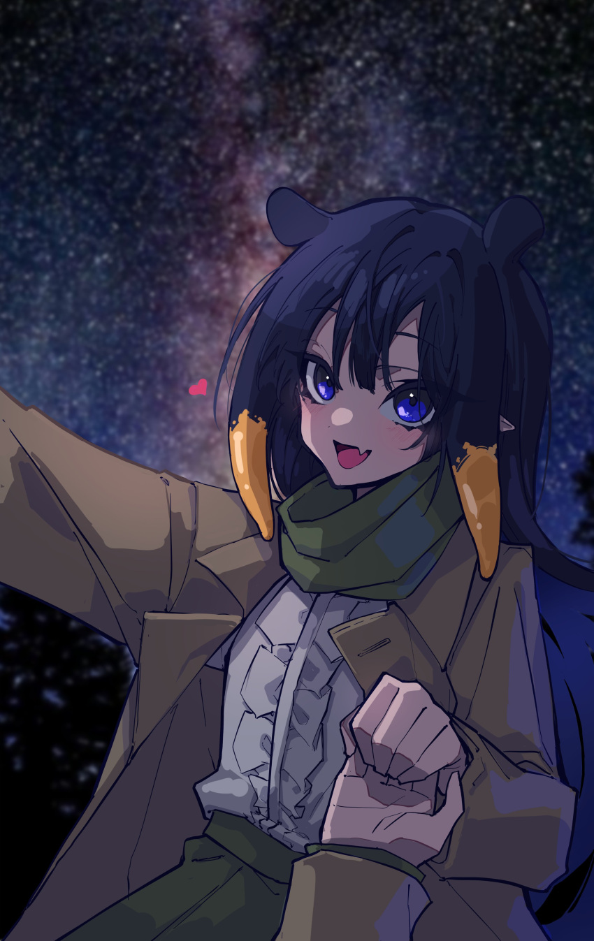 1girl 1other absurdres alternate_costume black_hair blue_eyes brown_coat center_frills coat commentary english_commentary fang frills green_scarf green_skirt heart highres holding_hands hololive hololive_english light_blush long_hair long_sleeves looking_at_viewer mentally_deficient multicolored_hair night night_sky ninomae_ina'nis open_clothes open_coat open_mouth orange_hair outdoors pointy_ears scarf shirt shirt_tucked_in sidelocks skin_fang skirt sky solo_focus tentacle_hair two-tone_hair virtual_youtuber white_shirt