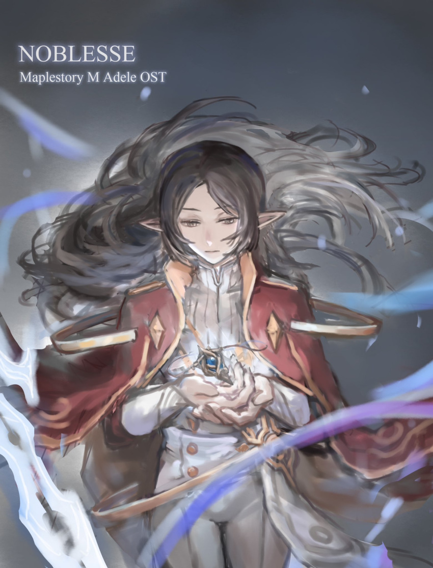 1boy adele_(maplestory) black_hair brown_eyes cloak closed_mouth cropped_legs english_text expressionless gradient_background highres holding jewelry long_hair looking_at_object looking_down lupus_huang male_focus maplestory pants pointy_ears red_cloak solo suit thinking white_pants