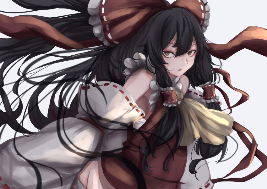 1girl absurdres ascot black_hair bow brown_eyes detached_sleeves frilled_hair_tubes frills hair_bow hair_tubes hakurei_reimu highres long_hair mesuosushi nontraditional_miko red_bow red_shirt red_skirt shirt skirt sleeveless sleeveless_shirt solo touhou white_background wide_sleeves yellow_ascot