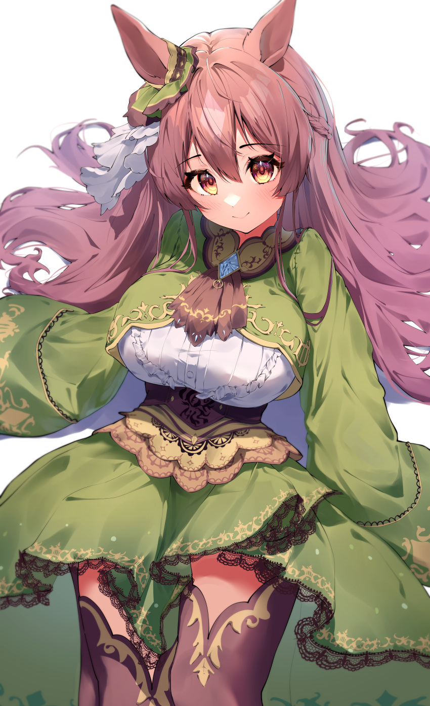 1girl absurdres animal_ears black_thighhighs blush breasts brown_eyes brown_hair closed_mouth dress feet_out_of_frame green_dress hair_between_eyes highres horse_ears horse_girl large_breasts long_hair satono_diamond_(umamusume) shumai_il simple_background sleeves_past_fingers sleeves_past_wrists smile solo thigh-highs umamusume white_background