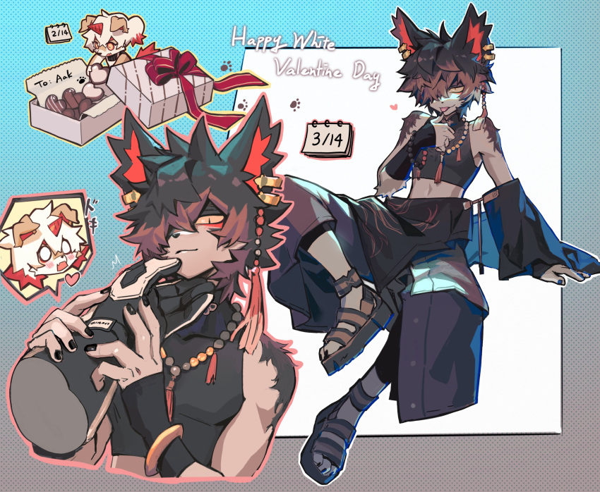 2boys aak_(arknights) aak_(healing_hand_evil_heart)_(arknights) absurdres animal_ear_piercing animal_ears arknights black_shirt blush box box_of_chocolates calendar_(object) candy character_name chibi chibi_inset chocolate crop_top disembodied_limb earrings food furry furry_male hand_on_another's_chin happy_valentine happy_white_day heart heart-shaped_chocolate highres holding_another's_wrist horns hung_(arknights) jewelry licking licking_finger male_focus multicolored_hair multiple_boys necklace o_o paw_print sandals shirt single_horn sleeveless sleeveless_shirt streaked_hair tail tassel tassel_earrings valentine white_day xiao_(creation0528)