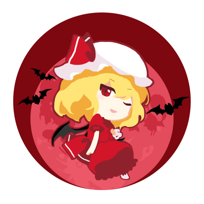 1girl bat_(animal) blonde_hair bow bowtie chibi commentary_request flandre_scarlet hat highres kaigen_1025 medium_hair mob_cap moon no_nose one_eye_closed open_mouth puffy_short_sleeves puffy_sleeves red_bow red_bowtie red_moon red_ribbon red_shirt red_skirt ribbon shirt short_sleeves single_blush_sticker skirt sleeve_bow smile solo touhou white_headwear