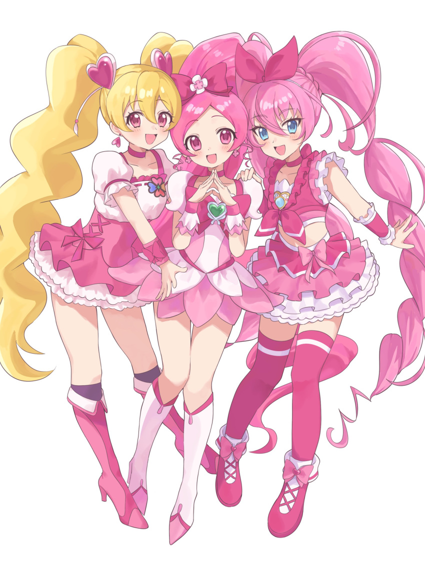 3girls :d absurdres black_socks blonde_hair blue_eyes blush boots bow bow_hairband choker commentary crossover cure_blossom cure_melody cure_peach curly_hair detached_sleeves dot_nose dress dress_bow earrings flower_earrings footwear_bow forehead fresh_precure! frilled_dress frilled_sleeves frills full_body hair_between_eyes hair_bow hair_ornament hairband hanasaki_tsubomi hand_on_another's_shoulder happy heart heart_earrings heart_hair_ornament heartcatch_precure! high_heels high_ponytail highres houjou_hibiki in-franchise_crossover jewelry layered_dress layered_skirt long_hair looking_at_viewer midriff momozono_love multiple_girls nemuiyoo00 open_mouth own_hands_together pink_bow pink_choker pink_dress pink_eyes pink_footwear pink_shirt pink_skirt pink_thighhighs precure puffy_short_sleeves puffy_sleeves raised_eyebrows shirt shoes short_dress short_sleeves simple_background skirt smile socks standing steepled_fingers straight_hair suite_precure symbol-only_commentary thigh-highs tsurime twintails very_long_hair white_background white_footwear white_skirt wrist_cuffs zettai_ryouiki
