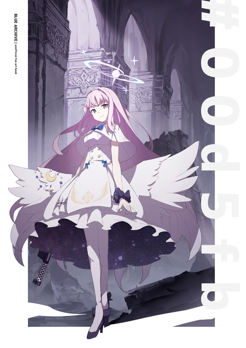 1girl angel_wings black_footwear blue_archive bow breasts capelet closed_mouth dress feathered_wings frilled_dress frills full_body hair_bun halo high_heels highres long_hair medium_breasts mika_(blue_archive) pantyhose ph. pink_bow pink_halo single_side_bun smile solo white_capelet white_dress white_pantyhose white_wings wings yellow_eyes