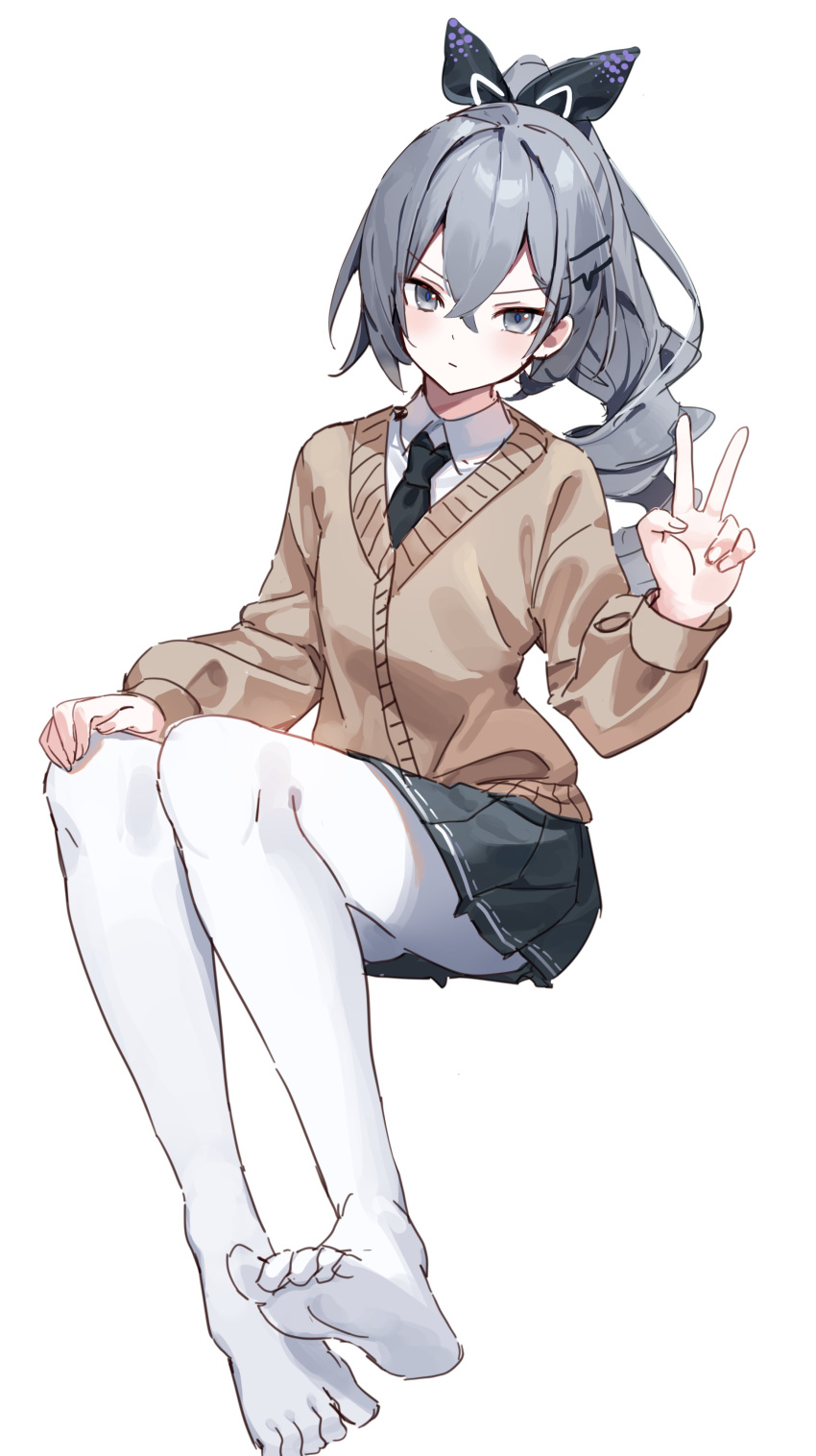 1girl absurdres alternate_costume black_bow black_necktie black_skirt bow closed_mouth collar collared_shirt crossed_bangs drill_hair expressionless full_body grey_hair hair_between_eyes hair_bow hand_on_own_knee highres honkai:_star_rail honkai_(series) invisible_chair long_hair long_sleeves looking_at_viewer necktie pantyhose ponytail school_uniform shiroi_ou shirt sidelocks silver_wolf_(honkai:_star_rail) simple_background sitting skirt v white_background white_collar white_pantyhose white_shirt