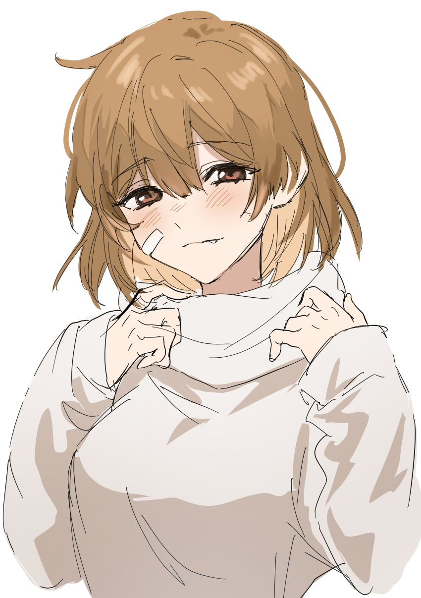 1girl absurdres alternate_costume bandaid bandaid_on_face brown_eyes brown_hair commentary_request fang highres kantai_collection looking_at_viewer oboro_(kancolle) short_hair simple_background solo sweater upper_body white_background white_sweater yamabuki0211