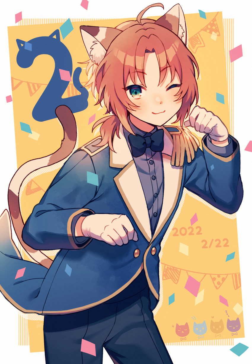 1boy :3 amagi_hana animal_ears blush bow bowtie cat_boy cat_day cat_ears collared_shirt confetti cowboy_shot dated ensemble_stars! epaulettes gloves green_eyes hand_up highres jacket long_hair long_sleeves looking_at_viewer male_focus one_eye_closed orange_hair parted_bangs paw_pose ponytail shirt single_epaulette smile solo string string_of_fate traditional_bowtie tsukinaga_leo